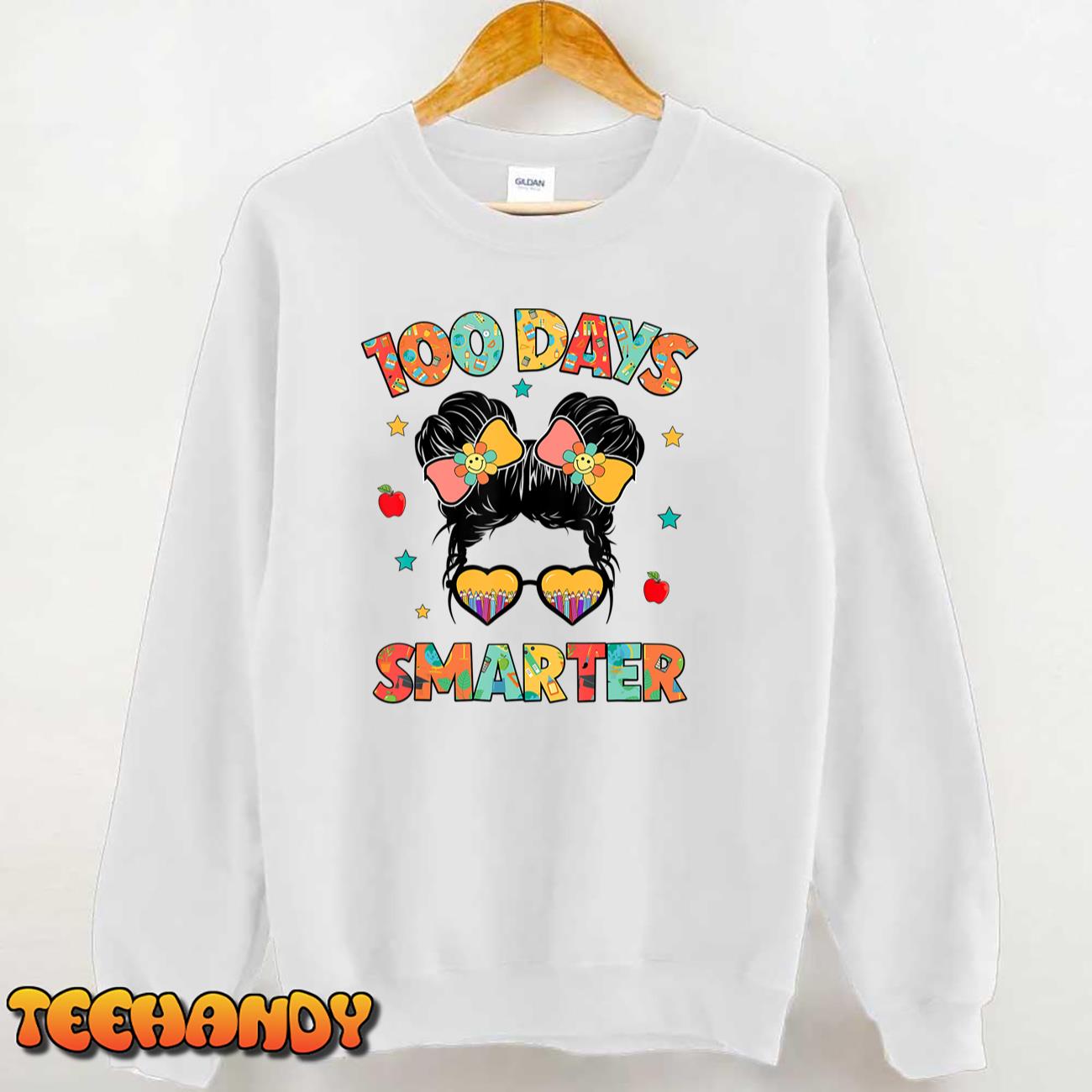 100 Days Smarter 100th Day Of School Girls Messy Bun Hair T-Shirt